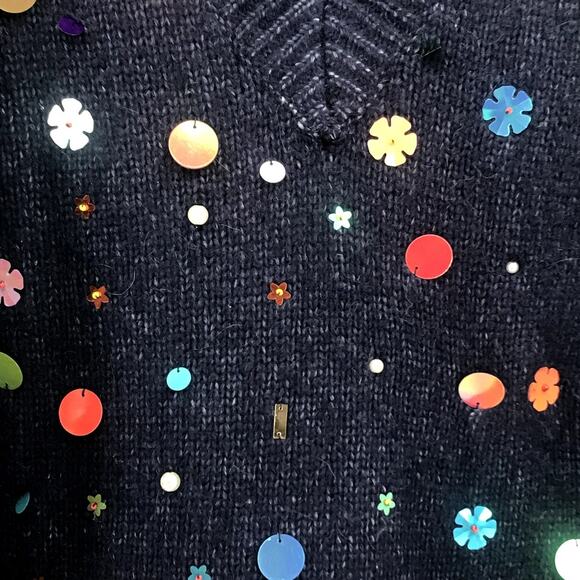 Zara Knit Oversized V-Neck Sweater Medium Blue Multicolor Sequin - Picture 6 of 7